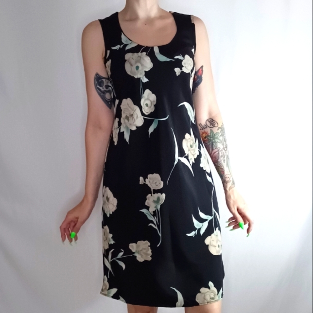 Jessica Black with Beige/Stone Flowers Sleeveless Slip Dress.